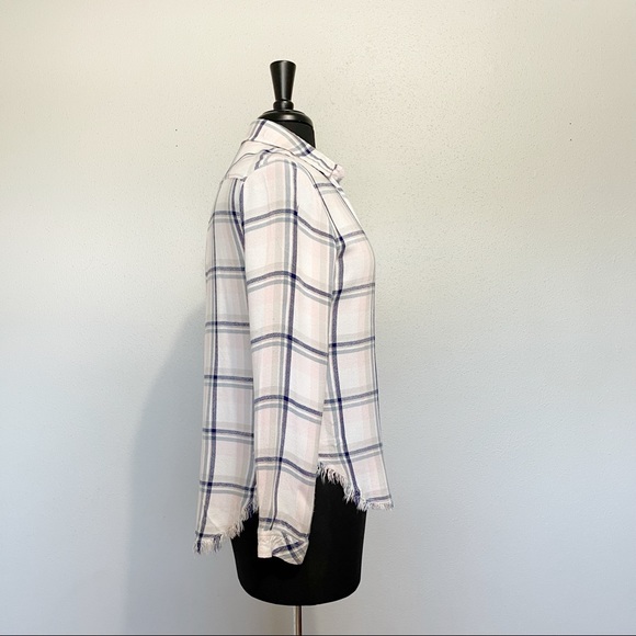Cloth & Stone plaid soft pink button down Frayed hem xs - Picture 3 of 7